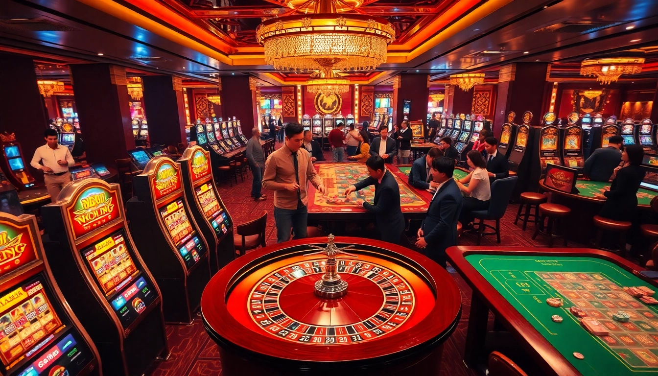Nổ Hũ Đổi Thưởng in a vibrant casino scene with players engaging at slot machines and roulette tables.