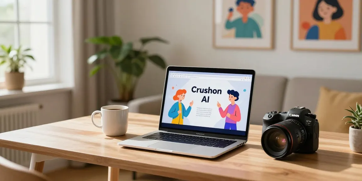 Engaging with Crushon IA on a laptop with animated characters in a cozy home office.