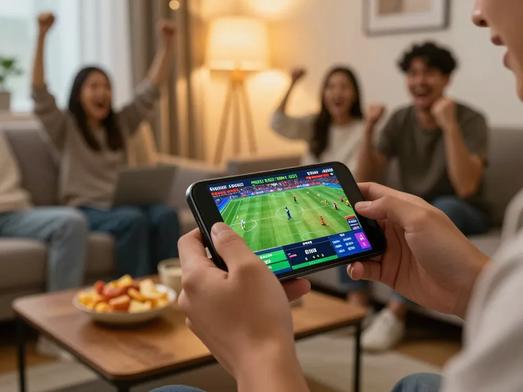 Engaging hands placing bets on mobile FC88 app during a live sports event.