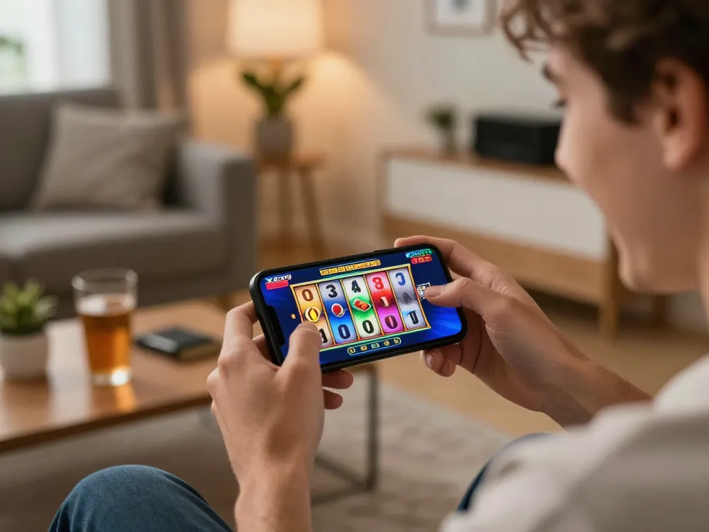 XRP casino gameplay on smartphone, showcasing vibrant slot reels during online gaming.