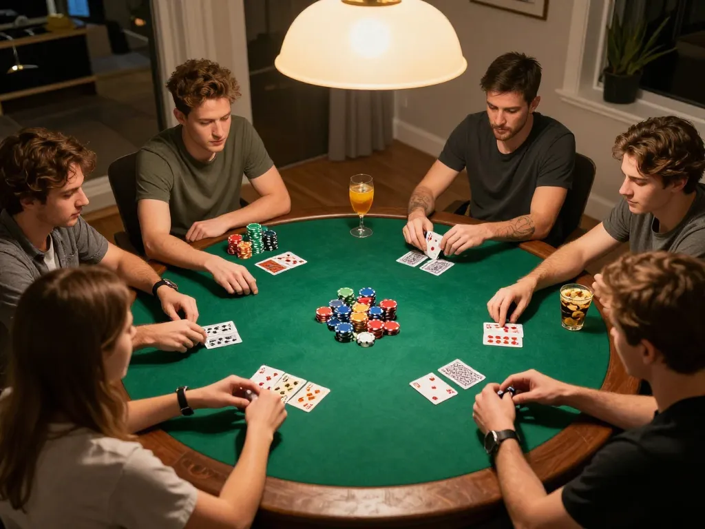 Friends enjoying a thrilling poker night with SC88 app on the table, showing vibrant gameplay atmosphere and camaraderie.