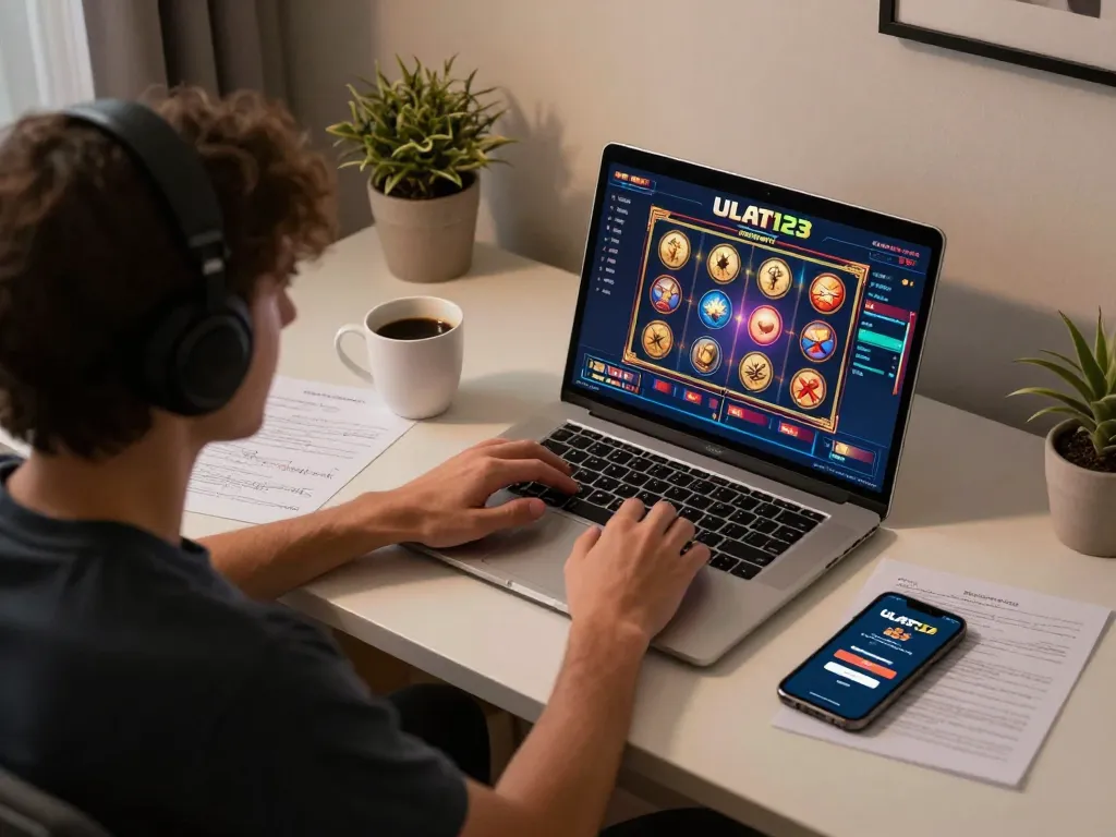 Pemain yang terlibat mengakses login Ulat123 di laptop mereka, menampilkan permainan kasino online yang menarik.