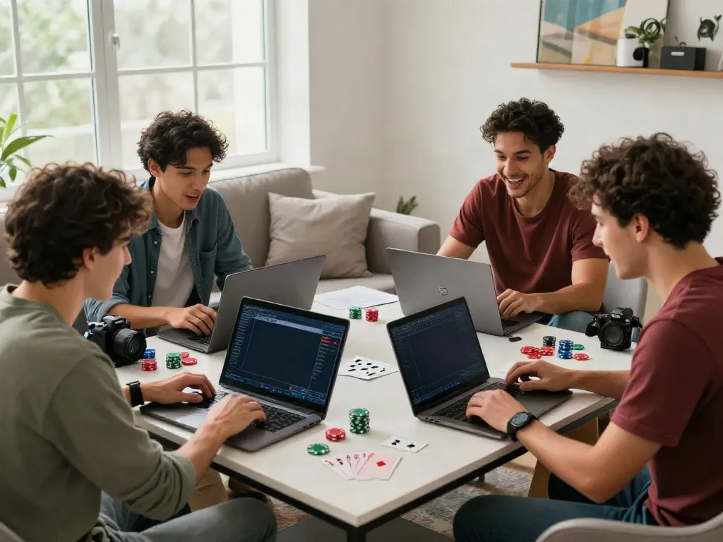 Group strategizing bets at https://xx88.day/ in a cozy gaming environment.