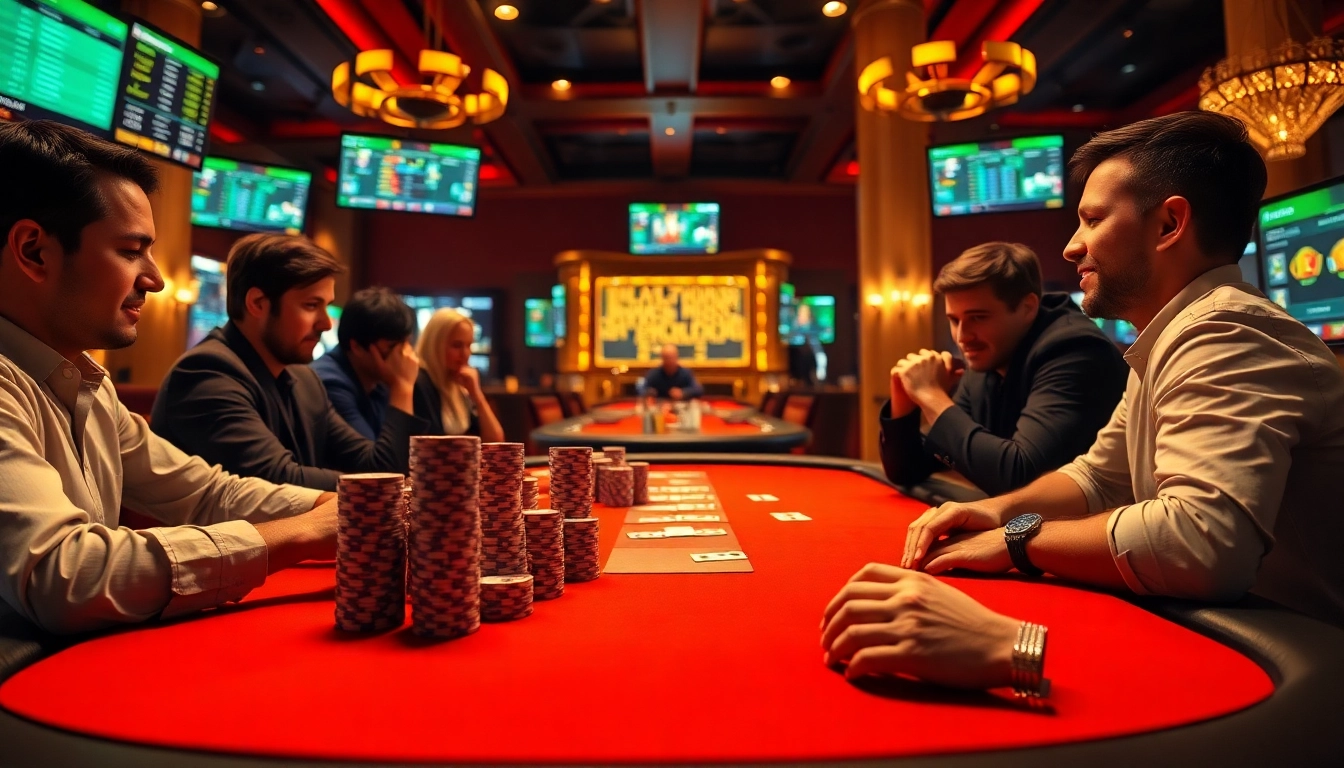 Engaging scene of game đánh bài đổi thưởng with players and poker chips at a luxurious casino table.