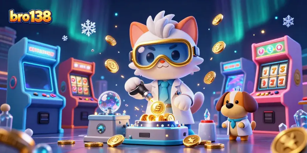 Engage with the captivating world of bro 138, featuring a playful cat scientist amid casino elements