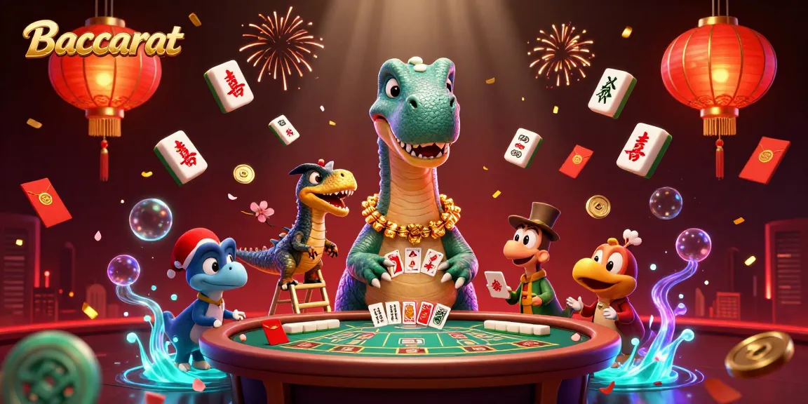 Baccarat scene featuring a cartoon dinosaur dealing cards, vibrant casino elements and lively atmosphere.