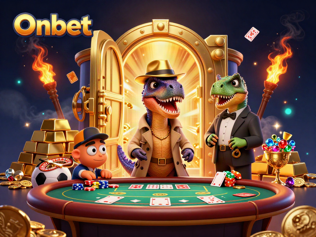 Onbet showcases a vivid scene of a velociraptor card counter at a blackjack table, surrounded by sports betting action.