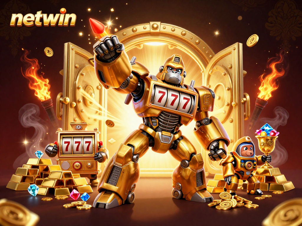 Engage in exciting gameplay at netwin with a vibrant 3D illustration of a gorilla mech and treasure.