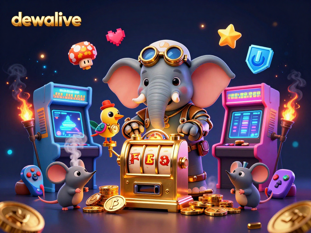 Mainkan Dewalive dengan mesin slot emas yang dikelola oleh karakter unik di pemandangan menarik.