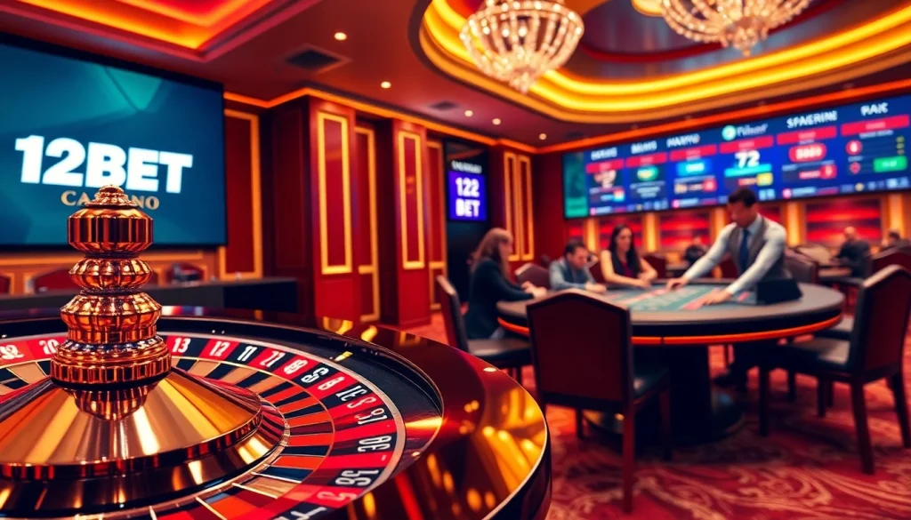 Experience thrilling gameplay at 12BET's luxurious casino venue with poker chips and roulette wheels.