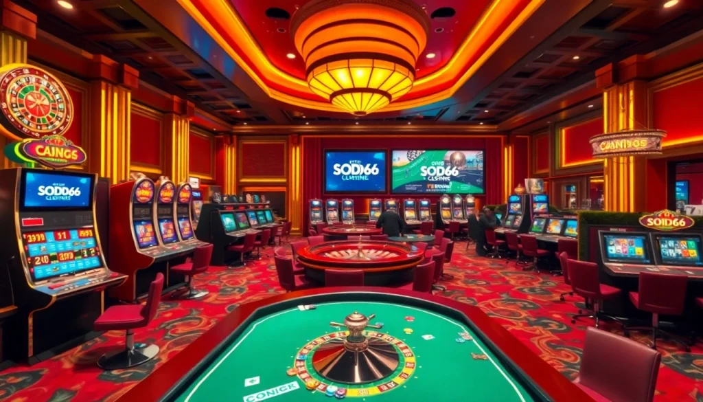 SODO66 players enjoying vibrant casino games featuring poker tables and slot machines