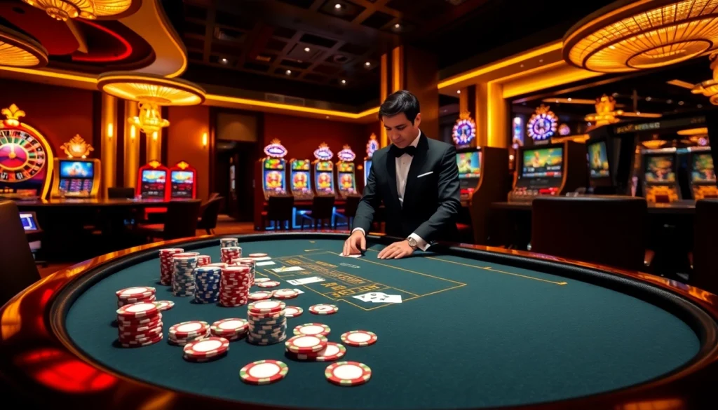 K88 gaming experience showcasing a luxury casino setup with poker and roulette tables.