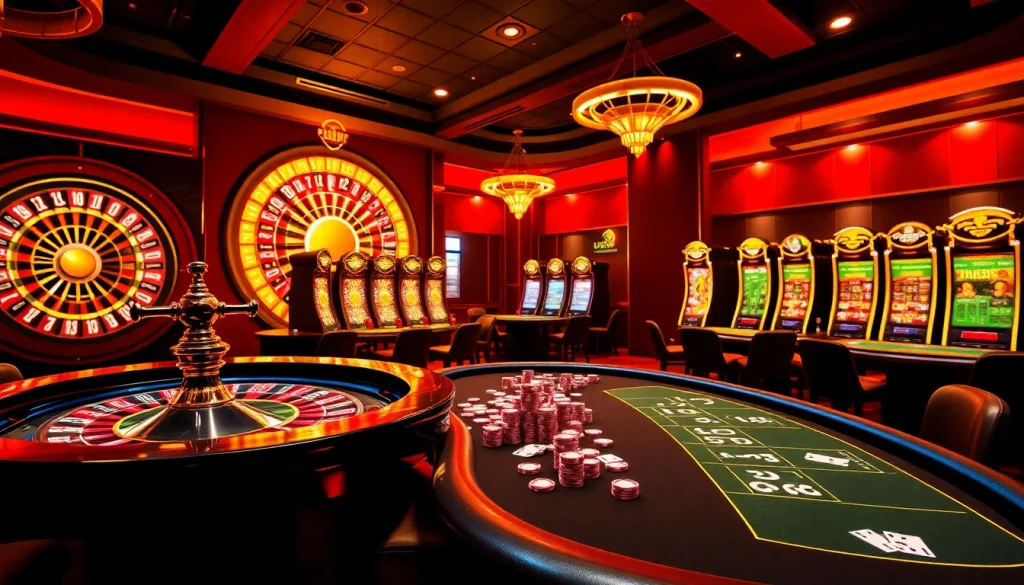 C168 casino gaming scene with roulette wheel, poker tables, and vibrant slot machines illuminating the luxury atmosphere.