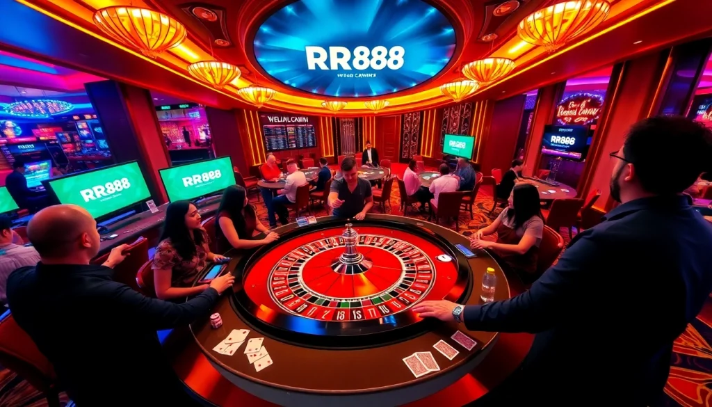 Exciting gambling scene at RR88 com with a roulette table and enthusiastic players.