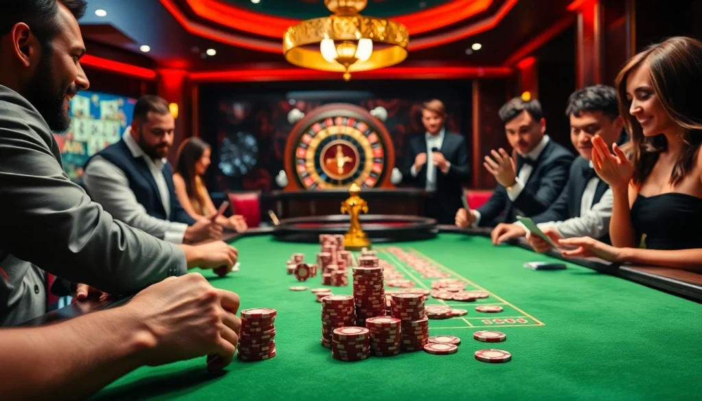 Players enjoying a thrilling poker game at an F8bet casino table, showcasing excitement and strategy.