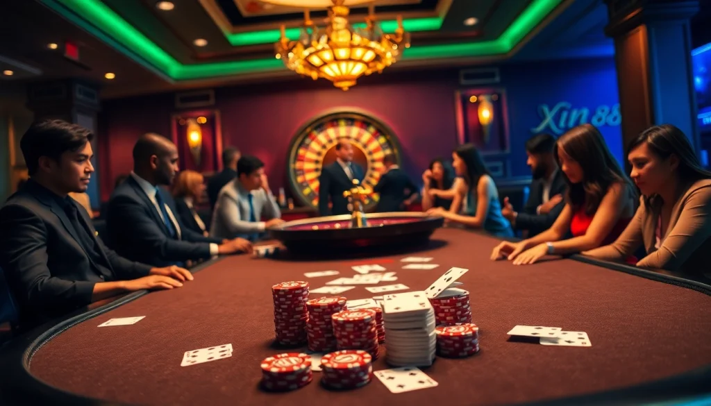 Exciting gaming scene at Nhà Cái XIN88 with elegant poker chips and roulette wheel.