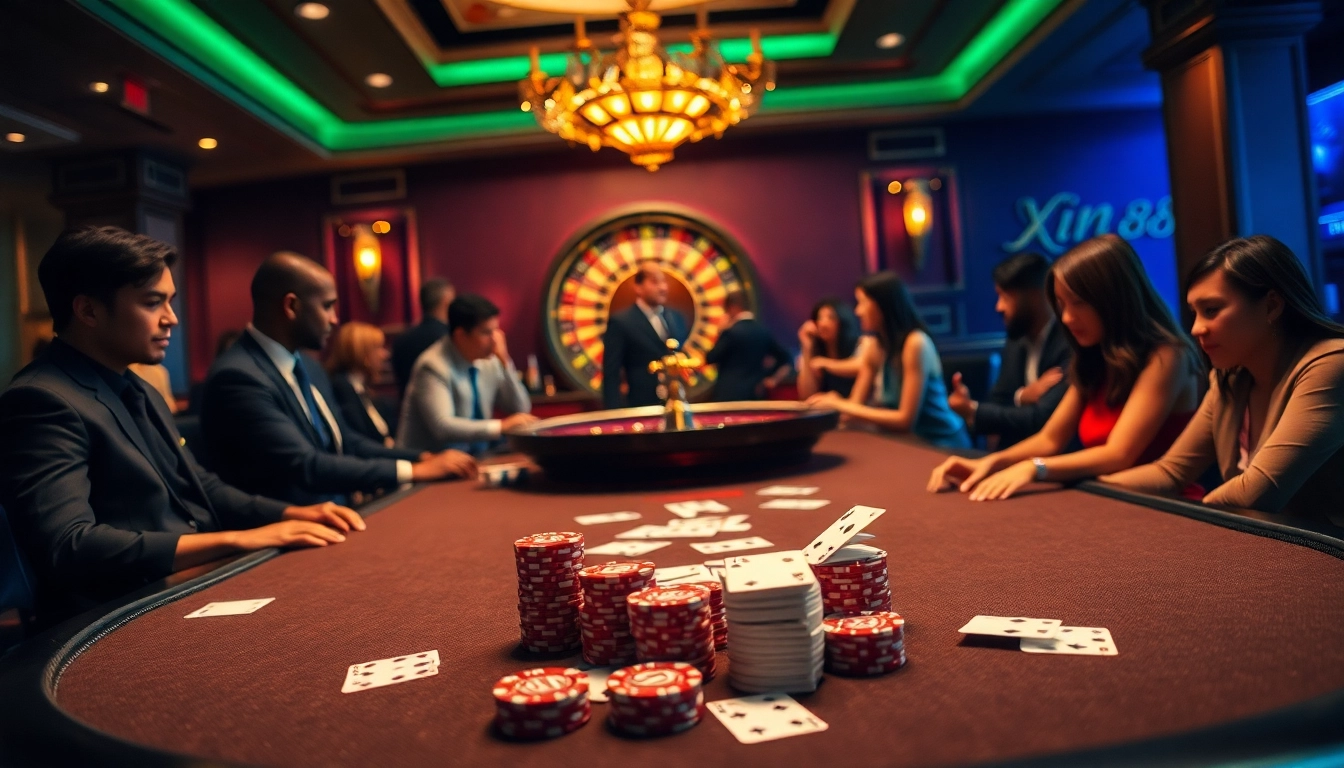Exciting gaming scene at Nhà Cái XIN88 with elegant poker chips and roulette wheel.