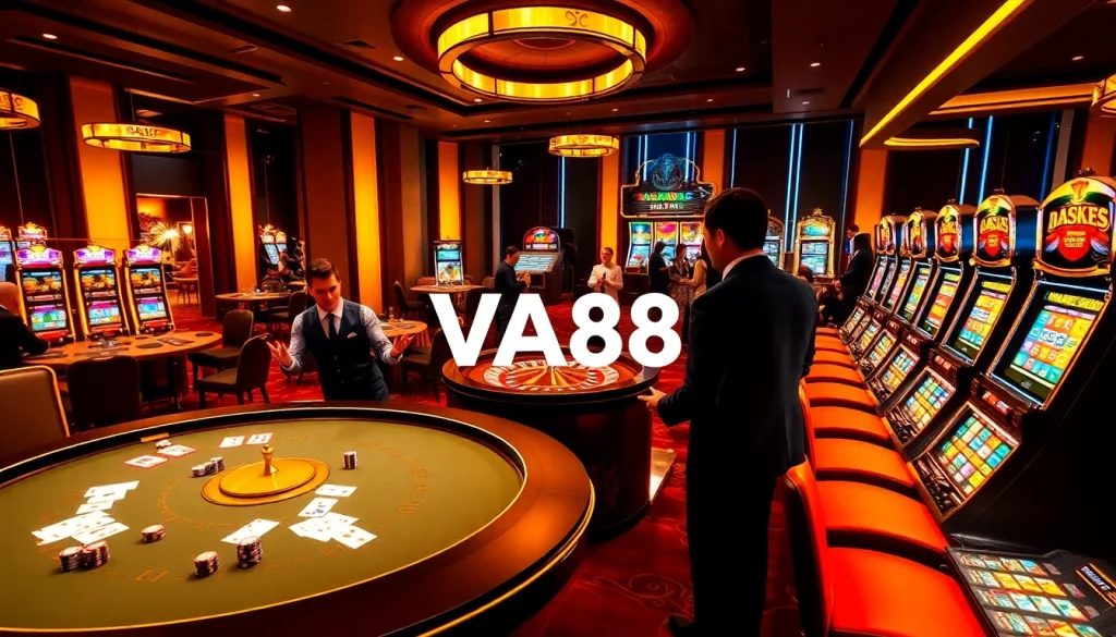 Experience the thrill of online gambling at VA88's vibrant casino scene with poker tables and roulette.