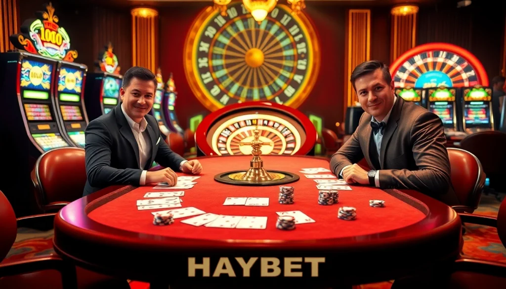 Players immerse themselves in HAYBET's thrilling casino experience, surrounded by vibrant slot machines and poker tables.