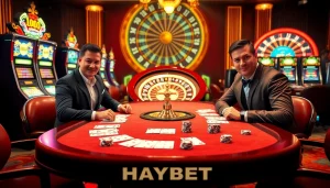 Players immerse themselves in HAYBET's thrilling casino experience, surrounded by vibrant slot machines and poker tables.