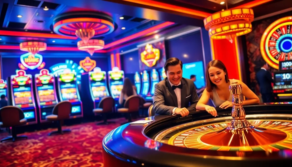 The hb88 casino scene showcases vibrant slot machines and an elegant poker table, inviting excitement.
