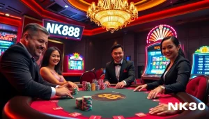 NK88 players enjoying thrilling casino games at an elegant poker table.