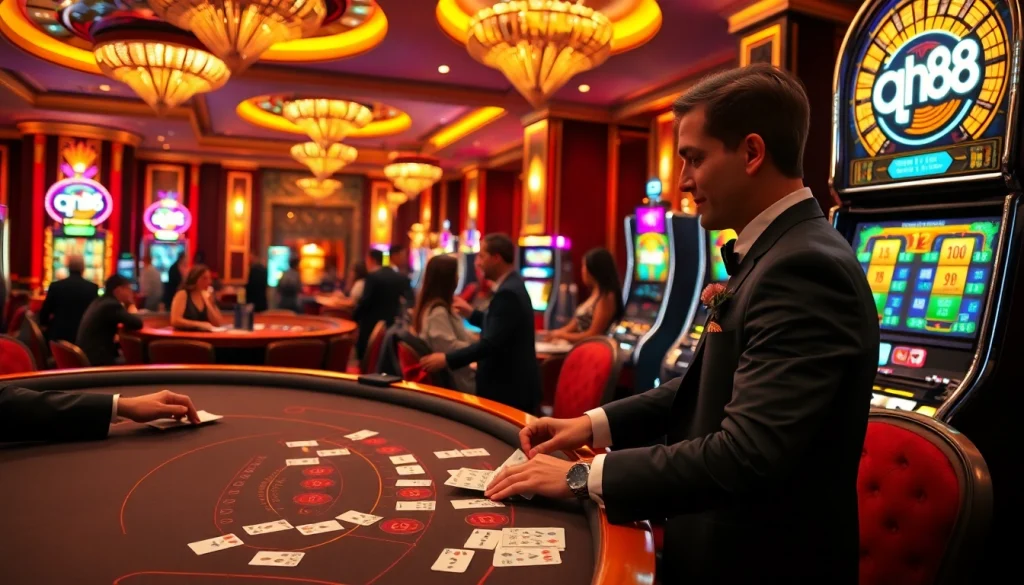 Experience the thrill of qh88 at a vibrant casino with players engaged at tables and slot machines.