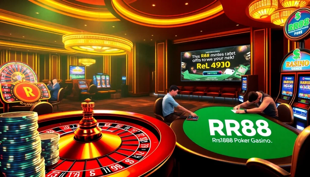 Exciting casino atmosphere showcasing games and promotions from https://rr88c.mobi/ with vibrant roulette and poker tables.