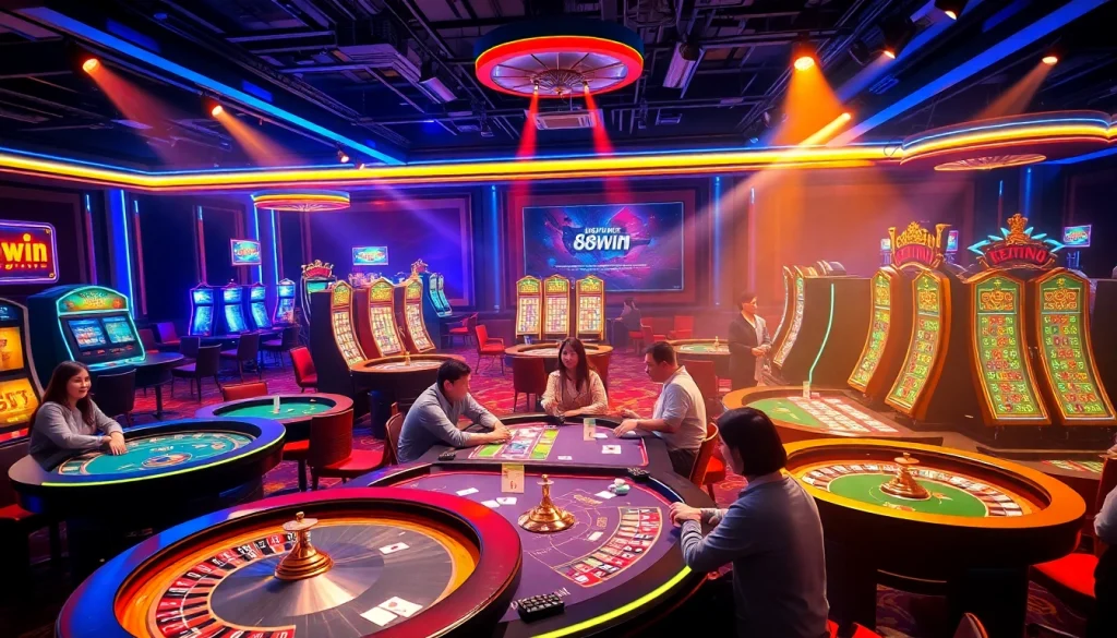 Experience the excitement of 68win with vibrant casino tables and joyful players immersed in gameplay.