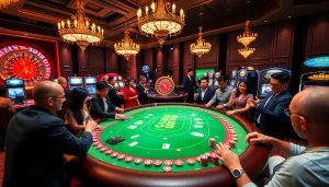 Players revel with j88 cards at a vibrant casino table, surrounded by slot machines.