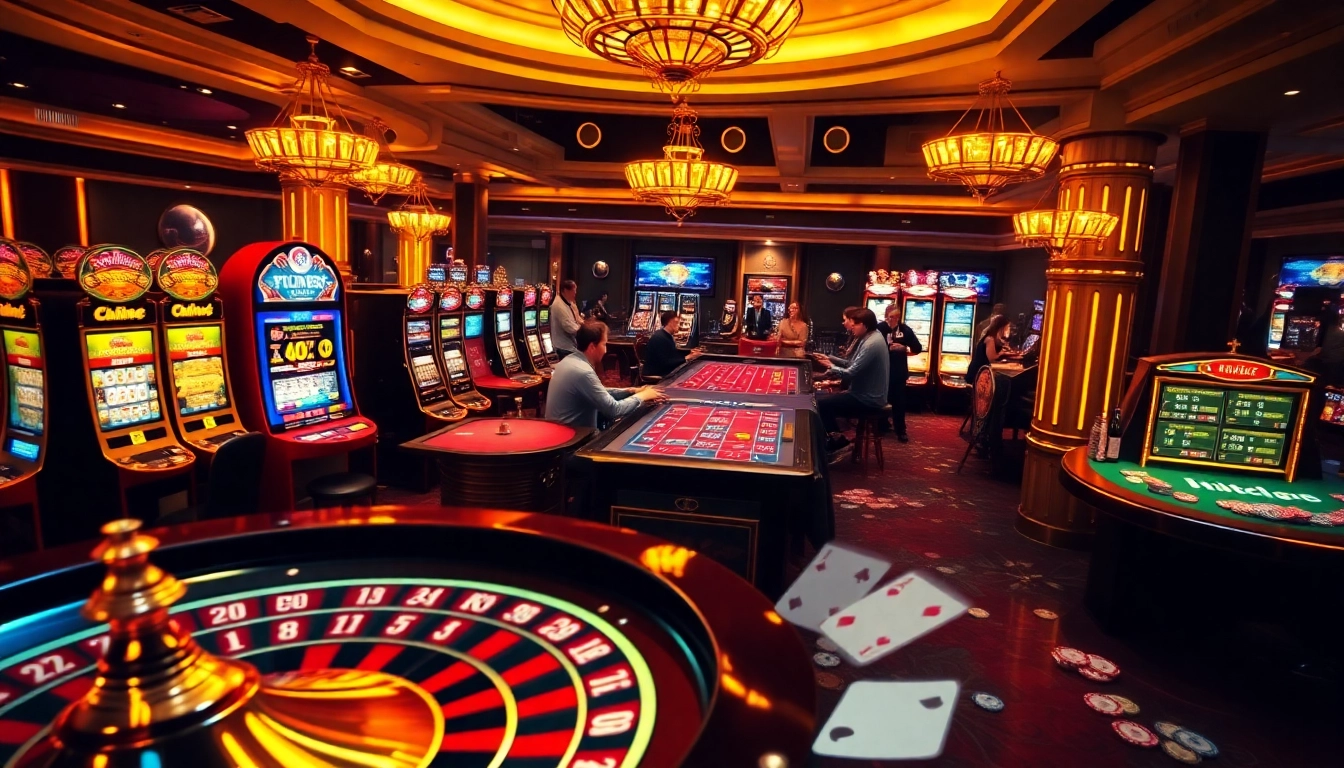 Hitclub casino scene showcasing exciting gameplay with bright slot machines and poker tables