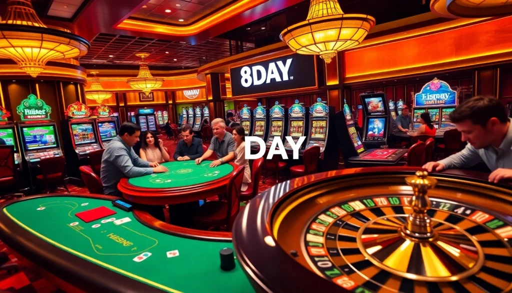 8DAY showcases vibrant poker tables and exciting slot machines in a luxurious casino setting.