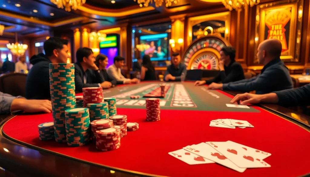 Players strategizing at a poker table in S8 casino, surrounded by vibrant gambling elements.