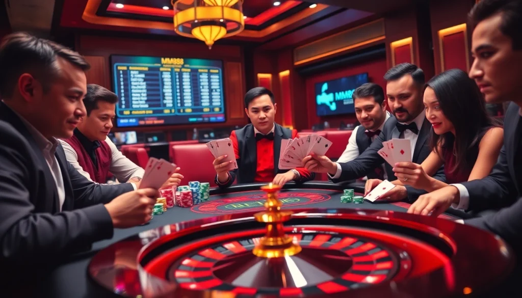 Experience excitement at https://mm88.vin/ with players engaging intensely at a luxurious poker table.
