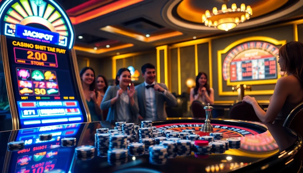 Players enjoying slots at an upscale casino with vibrant lights and an inviting atmosphere.