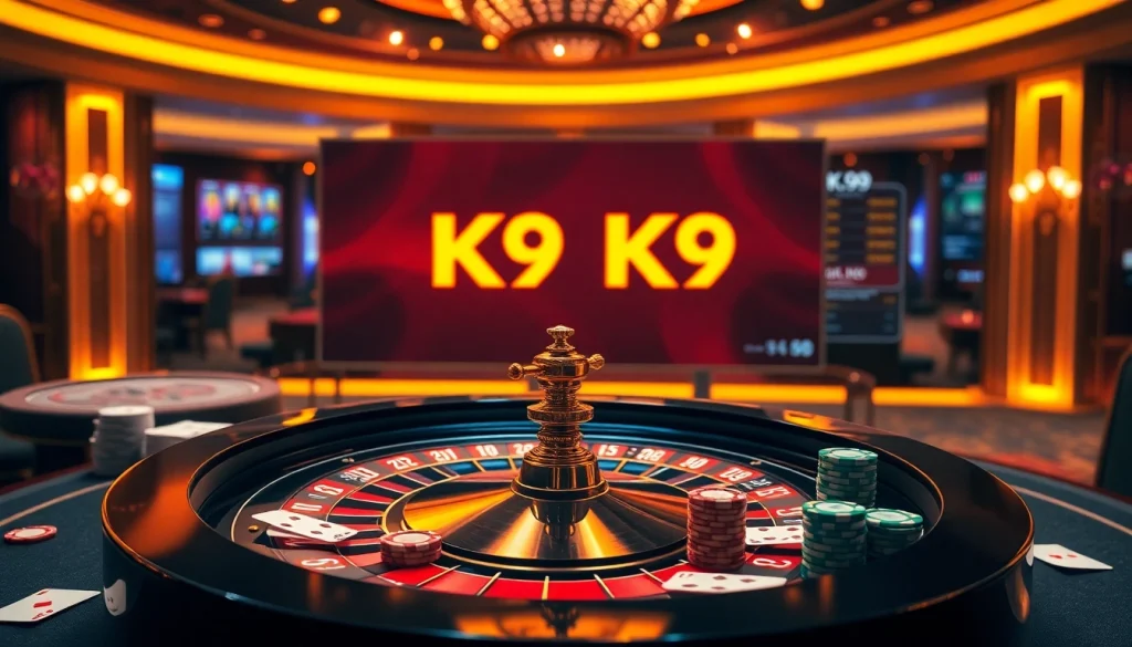 K9 K9 online casino scene with roulette, poker chips, and a digital interface.