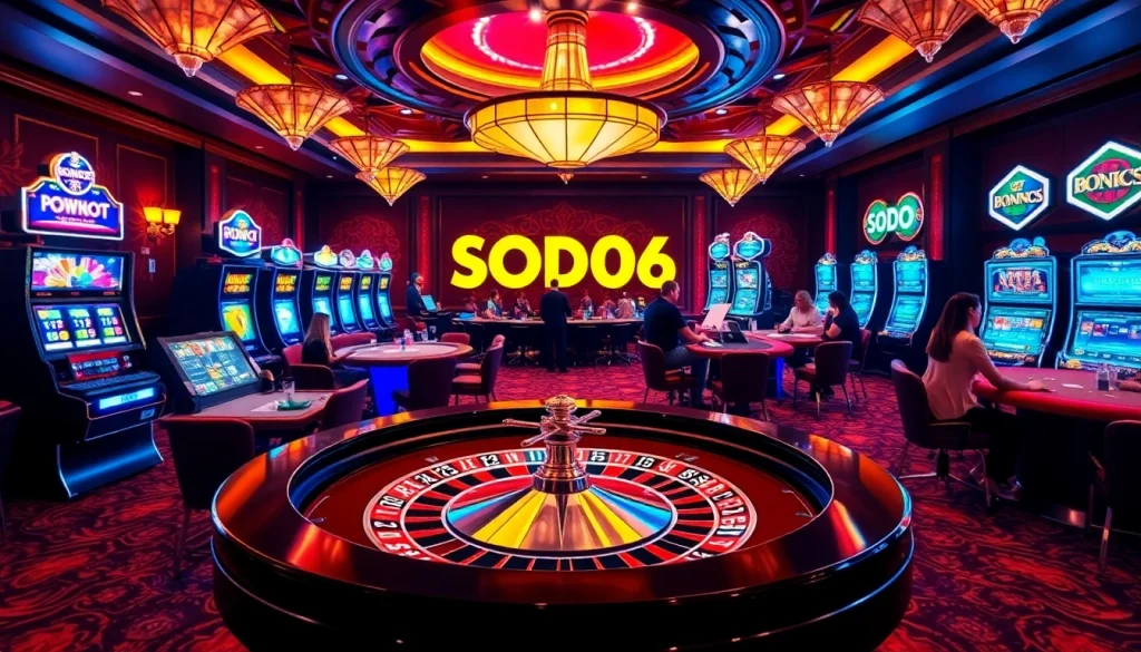Players engaging in thrilling games at SODO66 casino with vibrant poker chips and a roulette wheel.