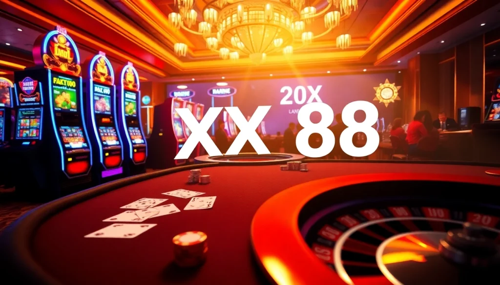Experience the excitement of XX 88 with players engaging at high-stakes casino tables and vibrant slot machines.