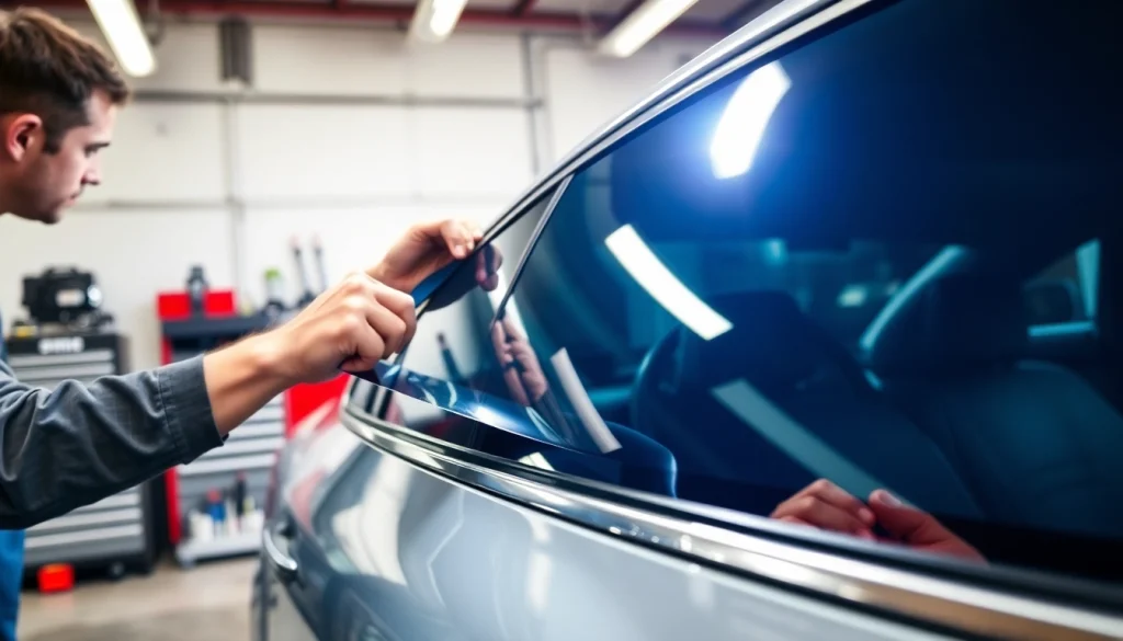 Apply window tint Chattanooga in a professional automotive workshop showcasing expert techniques.