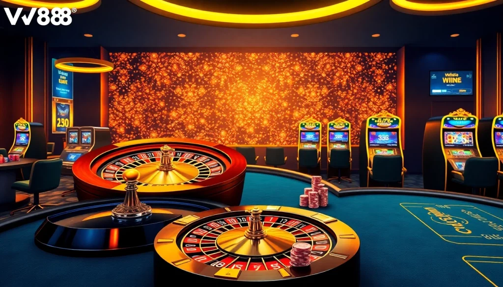 Gamblers enjoying vibrant slot machines and poker tables at https://vn88a.app/ casino platform.