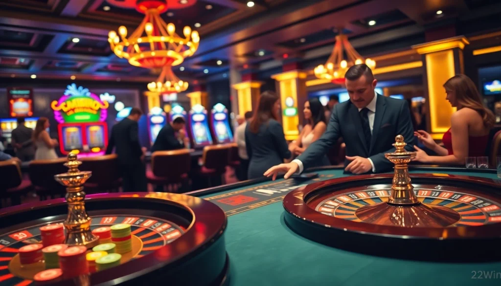 Exciting casino experience at 23win with players enjoying thrilling poker and roulette games.