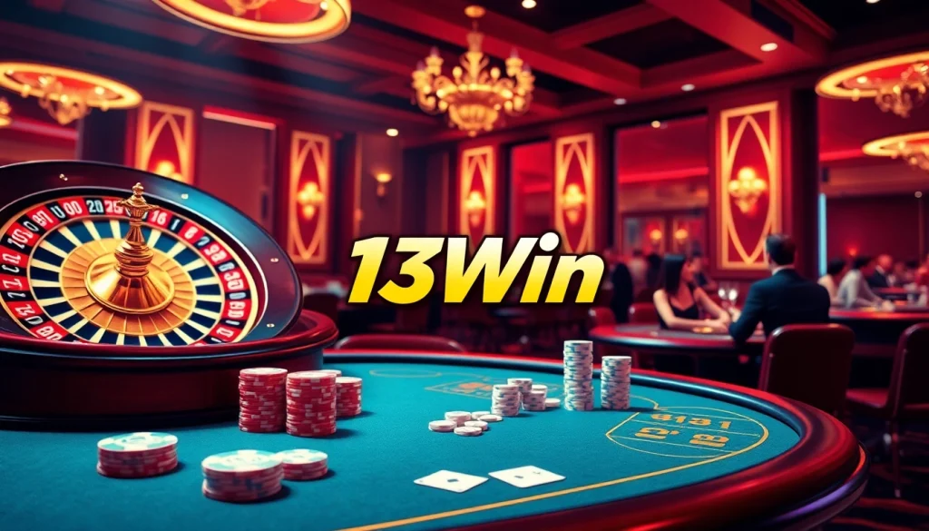 Showcasing the 13Win gambling experience with vibrant poker chips and a spinning roulette wheel.