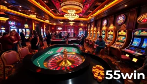 Players enjoying a thrilling gaming experience at a luxurious casino table with 555win branding.