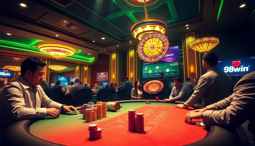 Players engaging in high-stakes poker at a vibrant casino scene featuring 98win.