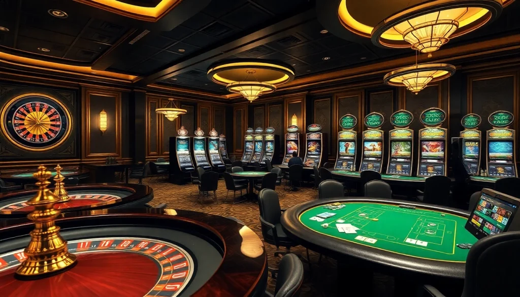SODO66 casino scene showcasing elegant poker tables, vibrant slot machines, and a luxurious atmosphere.
