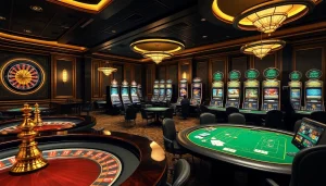 SODO66 casino scene showcasing elegant poker tables, vibrant slot machines, and a luxurious atmosphere.