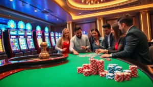 Adegan menarik para pemain yang terlibat dalam poker dan roulette di kasino yang mewakili strategi kemenangan Datukwin.