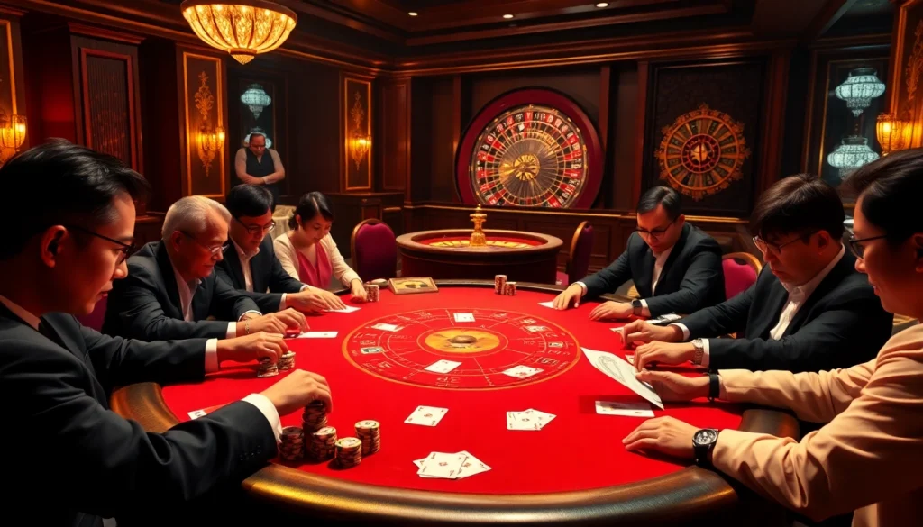 Engaging casino scene depicting a luxurious poker game, unraveling Giải mã giấc mơ through strategic plays and excitement.