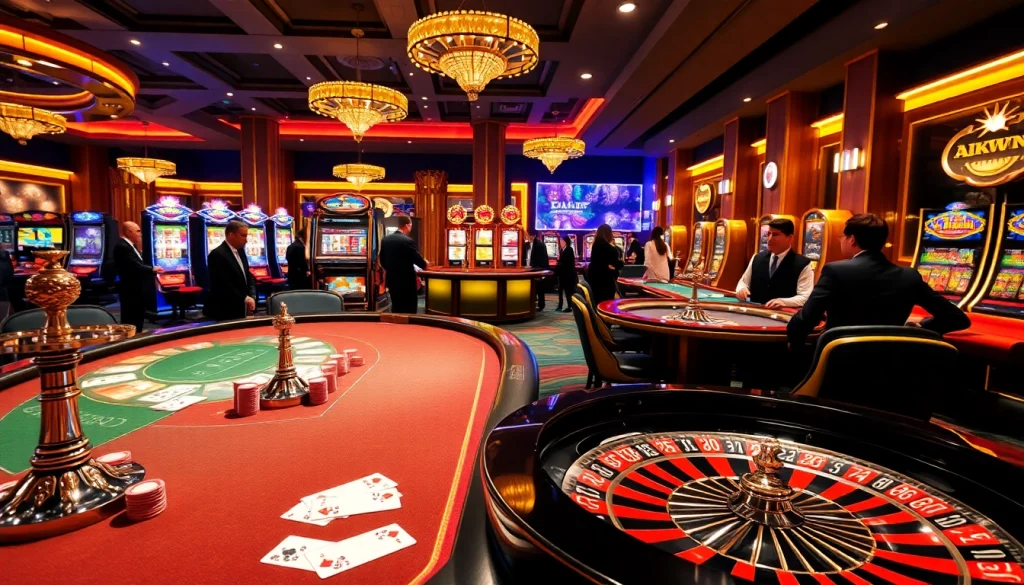 Players enjoying an exhilarating game experience at Rikvip with poker tables and vibrant slot machines.