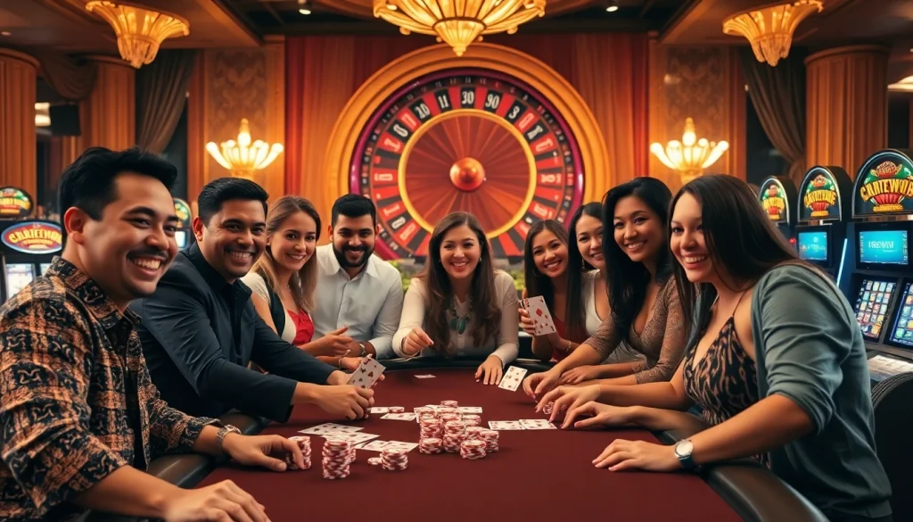 Gamblers enjoying an exciting poker game at RIKVIP, surrounded by vibrant casino elements.